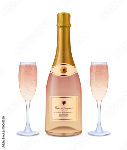 Bottle and two glasses of rose champagne set. Happy Valentine Day, wedding, romantic event celebration symbol realistic vector illustration isolated on white background