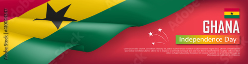 Ghana Independence Day horizontal banner. National holiday greeting card, invitation, festive background in traditional colors and celebration text realistic vector illustration