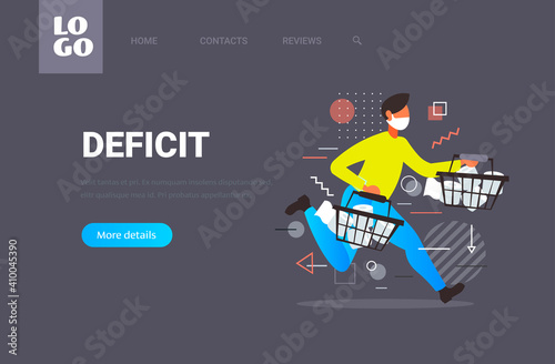 man in medical mask carrying shopping basket with toilet paper coronavirus pandemic covid-19 deficit concept international quarantine global epidemic copy space horizontal full length vector