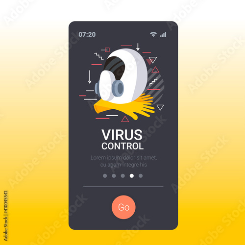 gloves and antiviral medical respirator face mask protection against coronavirus prevention of virus spreading pandemic covid-19 health care concept copy space smartphone screen mobile app vector