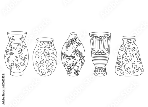 A set of vases for flowers isolated on white background. Ceramic vase cillection. Outline drawing. Line art.