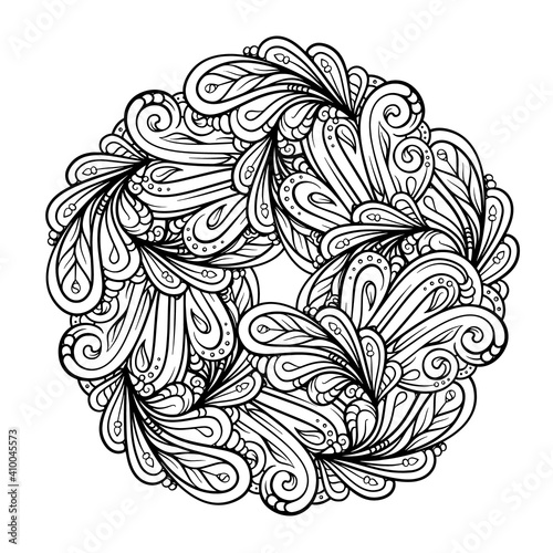 Black and white ethnic style floral mandala pattern for antistress coloring. Abstract coloring page.