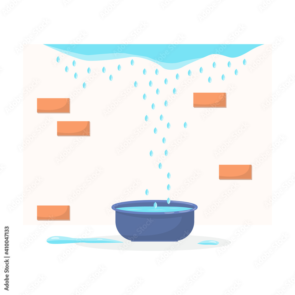 Leaking roof. Water drips from the ceiling into the basin. Apartment renovation concept. Drops, splashes of water and a puddle on the floor. Vector illustration. Flat style. Leaking roof. Water drips from the ceiling into the basin. Apartment renovation concept. Drops, splashes of water and a puddle on the floor. Vector illustration. Flat style.