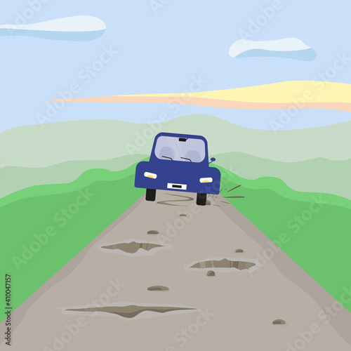The car is driving on a bad road. Pits and potholes in the asphalt. The concept of the need to repair the road surface. Vector illustration. Flat style.