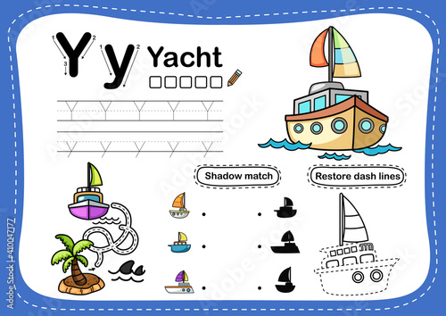 Alphabet Letter Y-yacht exercise with cartoon vocabulary illustration, vector