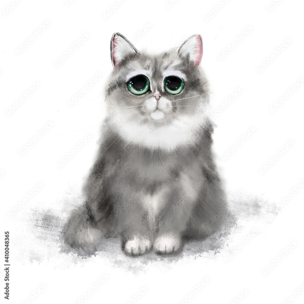 Illustration of a beautiful cartoon icon with a gray-blue kitten with big sad eyes on a white background for a lifestyle design