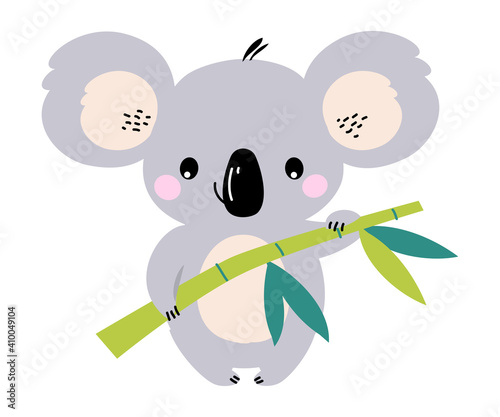 Cute Koala Holding Eucalyptus Branch, Lovely Australian Animal Cartoon Character Vector Illustration
