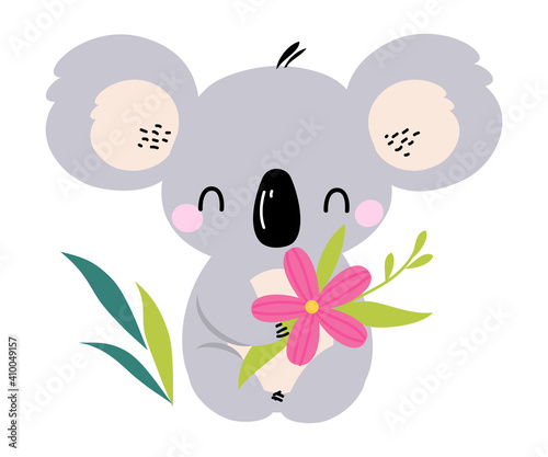 Cute Koala with Pink Flower, Lovely Australian Animal Cartoon Character Vector Illustration