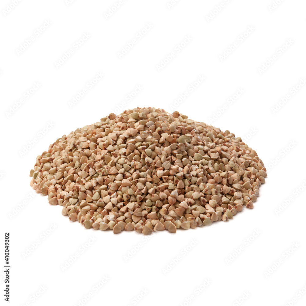 Green buckwheat seeds. White background. Isolated. close-up.
