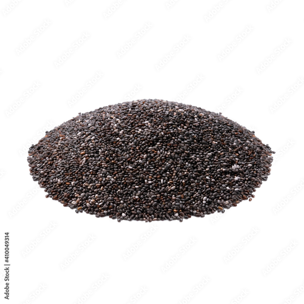 Chia seeds. White background. Isolated. close-up. Chia seeds. White background. Isolated. close-up.