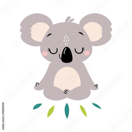 Cute Koala Meditating in Lotus Position, Adorable Australian Animal Cartoon Character Vector Illustration