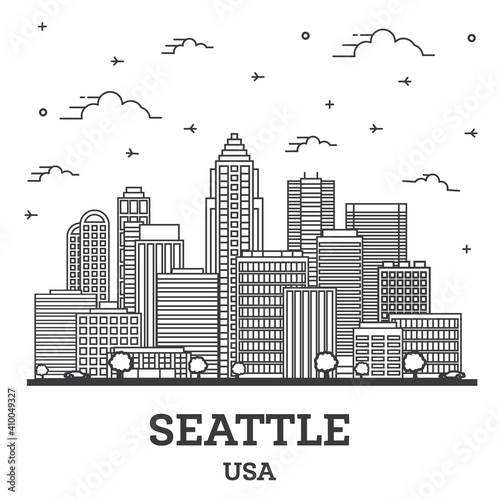 Outline Seattle Washington USA City Skyline with Modern Buildings Isolated on White.