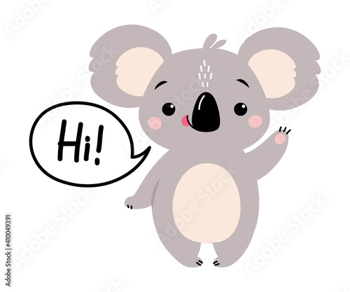 Photography Cute Koala Waving its Paw and Saying Hi, Adorable Australian Animal Cartoon Vect