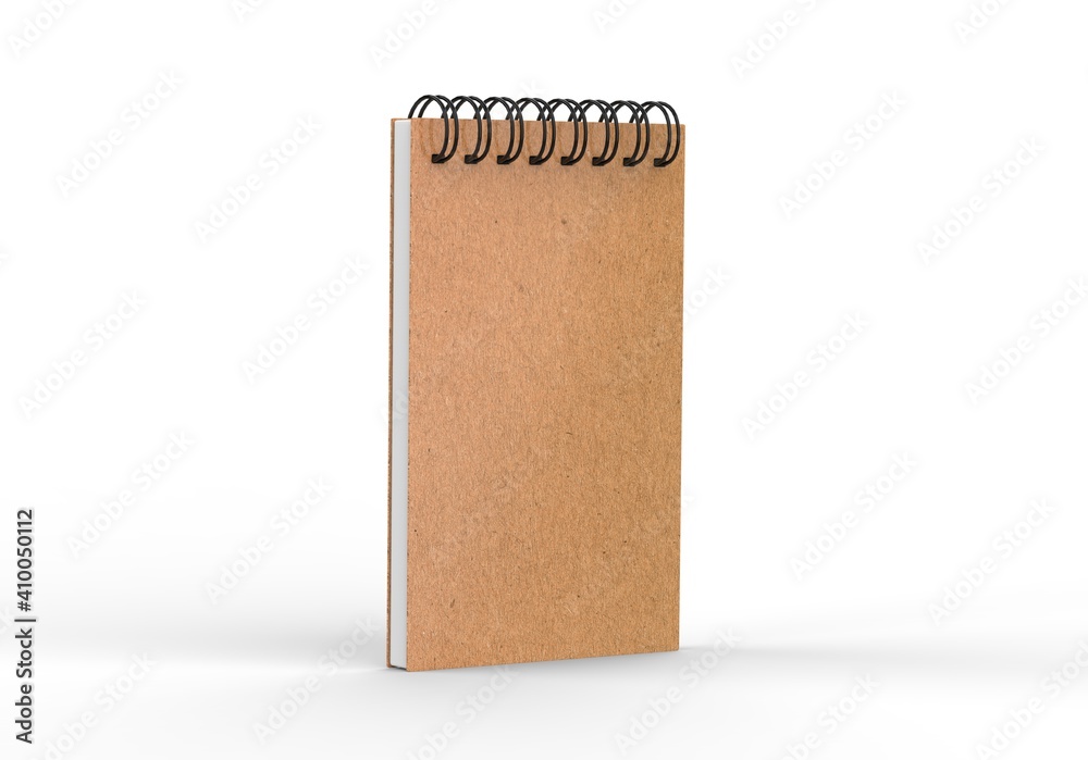 Blank cardboard notepad mockup for design and advertising. Sketchpad with spring and free copy space template on isolated white background. 3d illustration Blank cardboard notepad mockup for design and advertising. Sketchpad with spring and free copy space template on isolated white background. 3d illustration