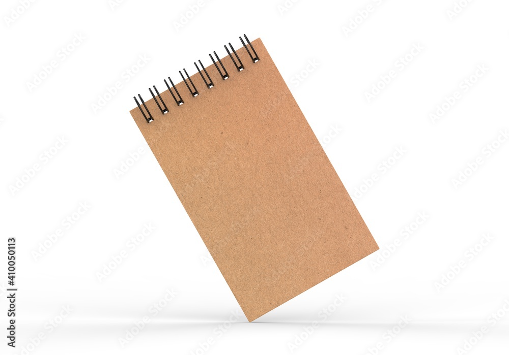 Blank cardboard notepad mockup for design and advertising. Sketchpad with spring and free copy space template on isolated white background. 3d illustration Blank cardboard notepad mockup for design and advertising. Sketchpad with spring and free copy space template on isolated white background. 3d illustration