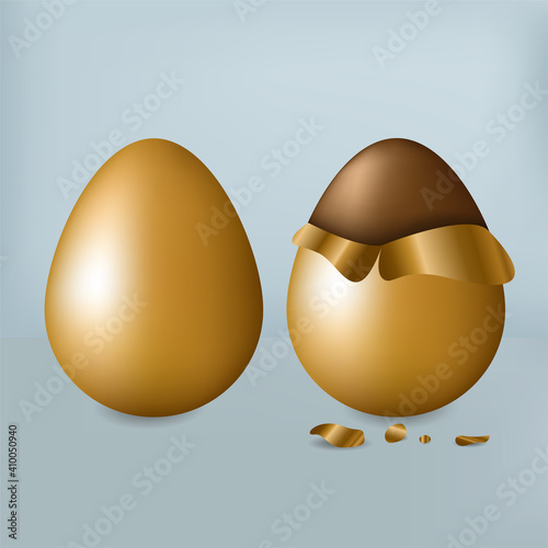 Easter chocolate egg wrapped in golden foil on blue background. Vector isolated illustration.