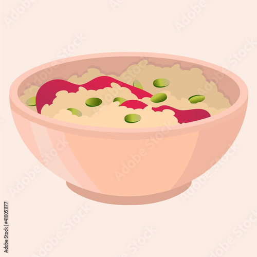 Vector illustration of pink porridge bowl with pumpkin seeds and jelly.