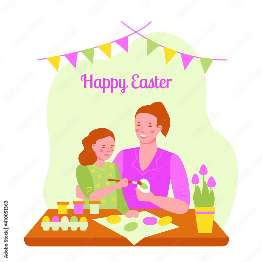 Happy easter. Mother and daughter decorate eggs together. For banner, cover, templates, posters, postcards. Vector illustration in flat cartoon style. isolated on white background. Happy easter. Mother and daughter decorate eggs together. For banner, cover, templates, posters, postcards. Vector illustration in flat cartoon style. isolated on white background.