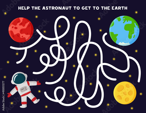 Maze with cartoon astronaut and planets. Get to the Earth.