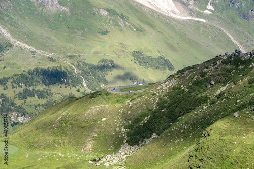 Distant view of serpentine high alpine road in Grossglockner in Austria