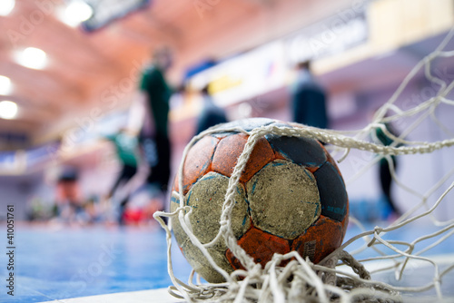 Ball on the floor at the goal, handball, futsal