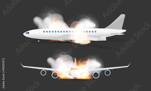 Burning Airplanes Set. Airplane crash concept. Side and front view. Realistic style. Vector illustration.