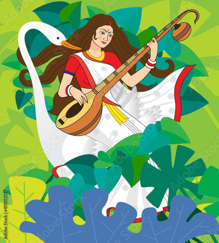 Saraswati is the Hindu goddess of knowledge, music, art, wisdom, and learning. vector illustration of Goddess Saraswati for Vasant Panchami Puja of India. Illustration of Goddess of Wisdom Saraswati