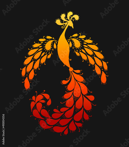 Firebird with a Majestic Tail. Phoenix Bird. Mythical character. Ornamental Silhouette for your design