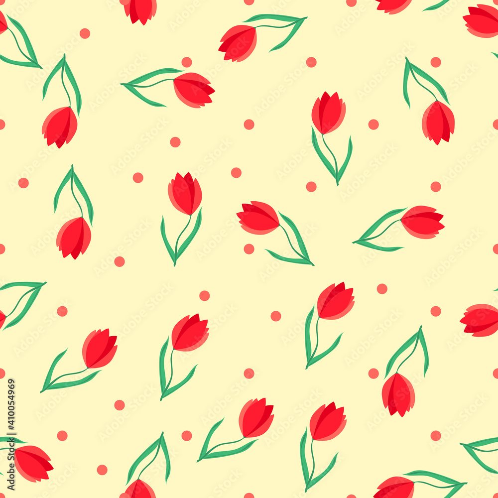 Vector. Pattern with tulips on a light yellow background. Fashionable seamless tulips. Background with garden flowers - illustration. Vector. Pattern with tulips on a light yellow background. Fashionable seamless tulips. Background with garden flowers - illustration.