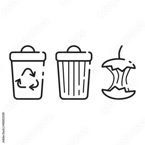 Regular trashcan and a container for recyclable waste. Apple core. Leftover food. Thin line icons for web, applications and design. Minimalistic flat style. Set.