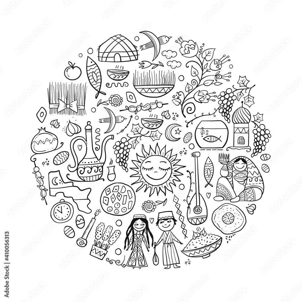 Nowruz, holiday of arrival of spring. Holiday symbols, people, food, customs and traditions. Uzbekistan art. Gift card design Nowruz, holiday of arrival of spring. Holiday symbols, people, food, customs and traditions. Uzbekistan art. Gift card design