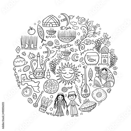 Nowruz, holiday of arrival of spring. Holiday symbols, people, food, customs and traditions. Uzbekistan art. Gift card design