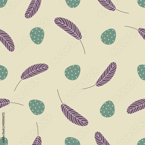  Easter seamless pattern with eggs and feathers. Festive Easter background. Design for Easter, textile, paper, printing