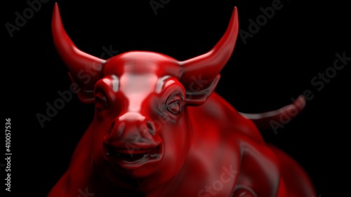 Red Painted bull sculpture. Sculpted casting depicting a bull in dramatic contrasting light representing financial market trends under spot light. 3D illustration. 3D high quality rendering. 3D CG.