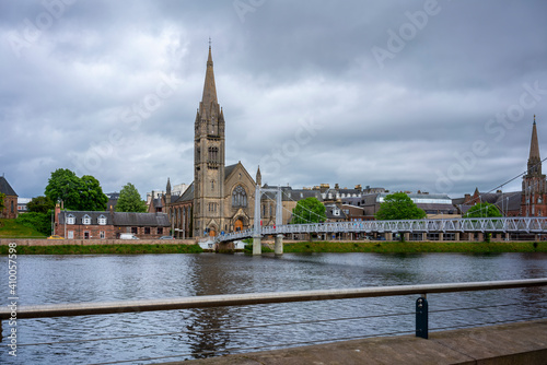 View of Greig Street Bridge with the Free North Church of Scotland in the background across the River Ness in Inverness, Scotland
