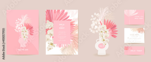 Watercolor orchid, pampas grass, lunaria floral wedding card. Vector exotic flower, tropical palm leaves invitation