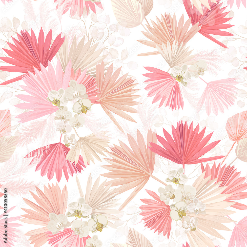 Foto auf Acrylglas mit Nahtloses aquarellfarbenes tropisches Blumenmuster, pastellfarbene trockene Palmblätter, tropische Boho-Blume, Orchidee #410058550