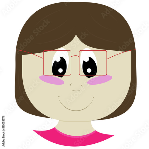 chubby girl in glasses with short brown hair in a pink sweater, baby face and head in flat style
