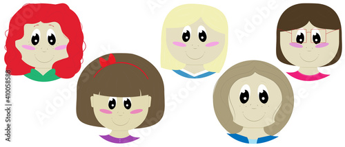 set of cute girls with long and short, red, dark and blond hair, baby face and head in flat style