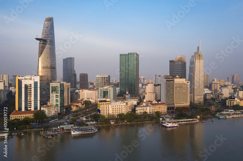 classic Saigon or Ho Chi Minh City Skyline, Vietnam view at morning Golden hour with iconic buildings and riverfront.