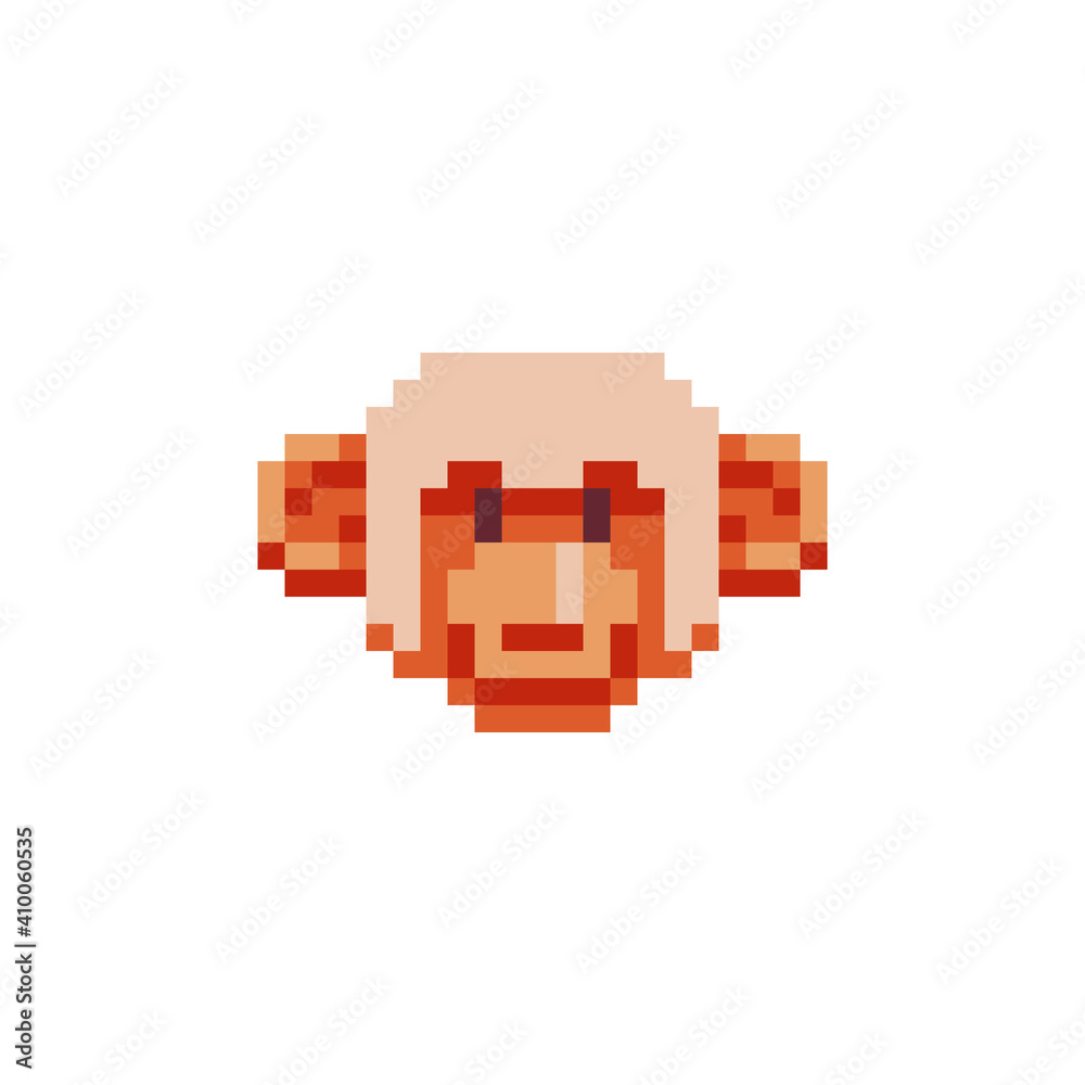 Fototapeta premium Monkey head in the shape of a square pixel art icon. Element design for stickers, logo, embroidery, mobile app. Isolated vector illustration.