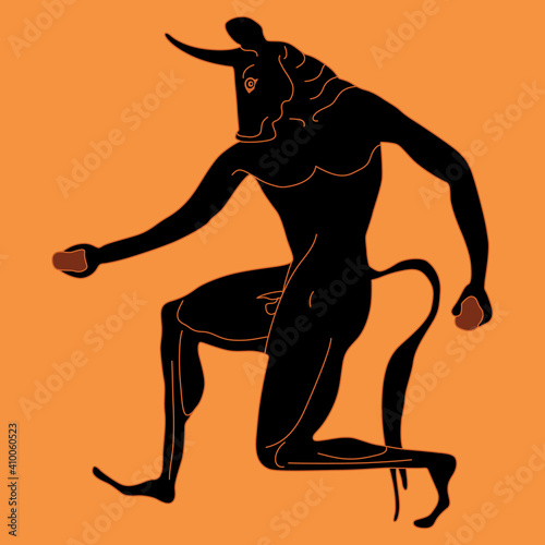 Fantastic mythological creature. Ancient Greek monster Minotaur. Half man half bull. Vase painting motif.
