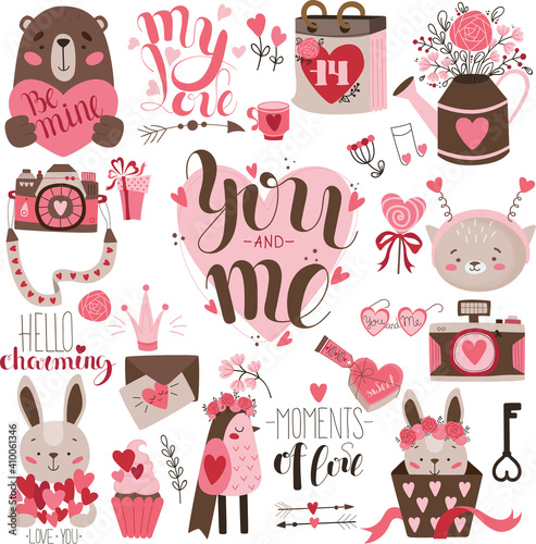 Valentine s Day Holiday Clipart Set. Lettering  bird  bear cub  camera  hare and other decorative elements for design. Vector illustration for valentine s day in flat trendy style 