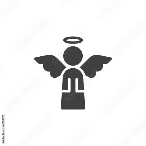 Holy angel vector icon. filled flat sign for mobile concept and web design. Angel with wings and halo glyph icon. Symbol, logo illustration. Vector graphics