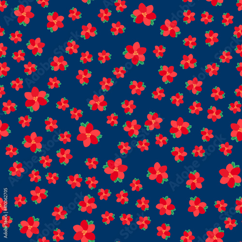 Small seamless pattern. Leaves, small flowers on a dark background. Blue background.