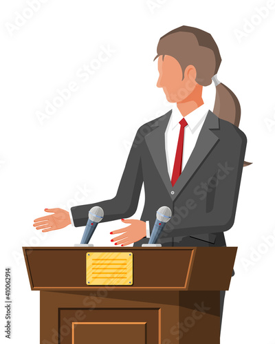 Orator speaking from tribune. Public speaker. Wooden rostrum with microphones for presentation. Stand, podium for conferences, lectures debates. Political and ballot. Flat vector illustration