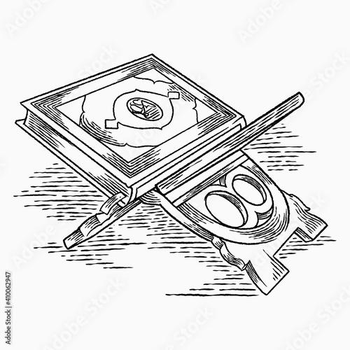 Holy book of Koran on a wooden book stand isolated on white background. Muslim holiday celebration. Eid Mubarak, Eid al-fitr, Ramadan Kareem. Hand drawn sketch. Vector illustration of paints