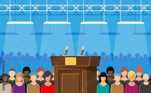 Brown wooden rostrum with microphones for presentation. Stand, podium for conferences, lectures or debates. Crowd of people. Vector illustration in flat style