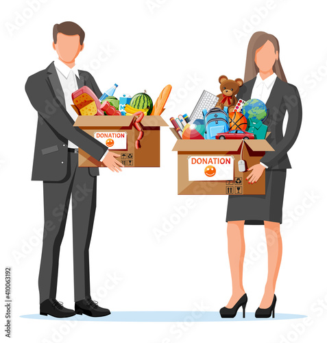 Volunteers with cardboard donation box of food, toys, books, clothes and devices. Help for children, support for poor kid. Donate container. Social care volunteering, charity. Flat vector illustration