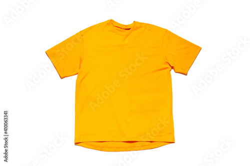 Yellow t-shirt isolated on white background. Top view. Mockup for branding.